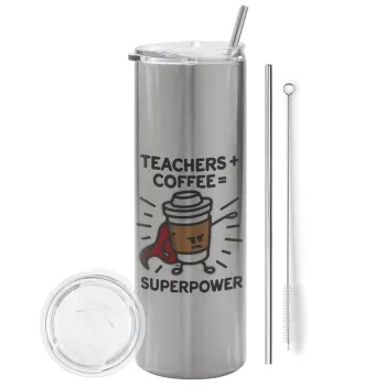 Teacher Coffee Super Power, Tumbler stainless steel Silver 600ml, with metal straw & cleaning brush