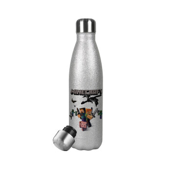 Minecraft Alex, Μεταλλικό παγούρι θερμός Glitter Aσημένιο (Stainless steel), διπλού τοιχώματος, 500ml