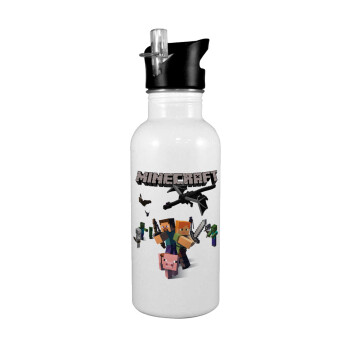 Minecraft Alex, White water bottle with straw, stainless steel 600ml