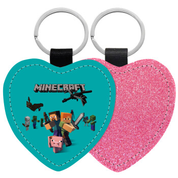Minecraft Alex, Μπρελόκ PU δερμάτινο glitter καρδιά ΡΟΖ