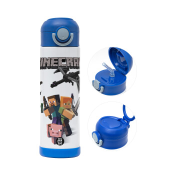 Minecraft Alex, Children's hot water bottle, stainless steel, with safety straw, BLUE (500ml)
