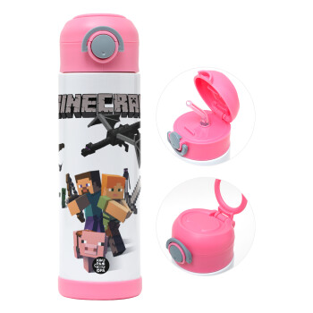 Minecraft Alex, Children's hot water bottle, stainless steel, with safety straw, PINK (500ml)