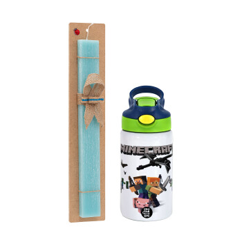 Minecraft Alex, Easter Set, Children's thermal stainless steel bottle with safety straw, green/blue (350ml) & aromatic flat Easter candle (30cm) (TURQUOISE)