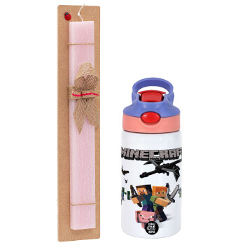 Minecraft Alex, Easter Set, Children's thermal stainless steel water bottle with safety straw, pink/purple (350ml) & Easter scented flat candle (30cm) (PINK)