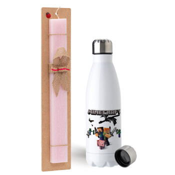Minecraft Alex, Easter Set, metallic stainless steel water bottle (750ml) & scented flat Easter candle (30cm) (PINK)