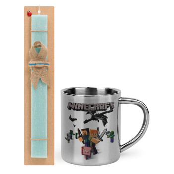 Minecraft Alex, Easter Set, metallic thermal cup (300ml) & aromatic flat Easter candle (30cm) (TURQUOISE)
