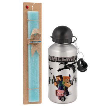 Minecraft Alex, Easter Set, metallic silver aluminum water bottle (500ml) & scented flat Easter candle (30cm) (TURQUOISE)