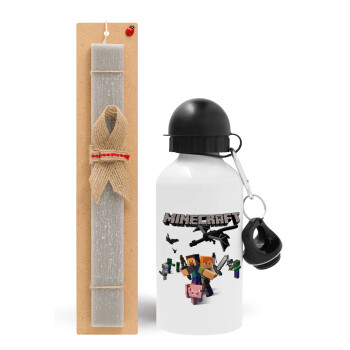 Minecraft Alex, Easter Set, metallic aluminum water bottle (500ml) & aromatic flat Easter candle (30cm) (GRAY)