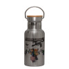 Stainless steel metallic thermos flask, silver with a bamboo lid, double-walled, 350ml.