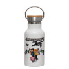 Metallic thermos (Stainless steel) White with wooden lid (bamboo), double-walled, 350ml