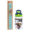 Easter Set, Children's thermal stainless steel bottle with safety straw, green/blue (350ml) & aromatic flat Easter candle (30cm) (TURQUOISE)