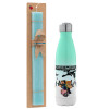Easter Set, Metallic green/white thermos (Stainless steel), double-walled, 500ml & scented flat Easter candle (30cm) (TURQUOISE)