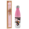 Easter Set, Metallic pink/white (Stainless steel) thermos, double-walled, 500ml & aromatic flat Easter candle (30cm) (PINK)