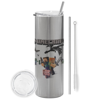 Minecraft Alex, Eco friendly stainless steel Silver tumbler 600ml, with metal straw & cleaning brush