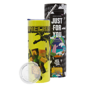 Minecraft Alex, Neon Yellow Travel Tumbler, with metal straw (Stainless steel 304 Food grade, BPA free, 600ml)