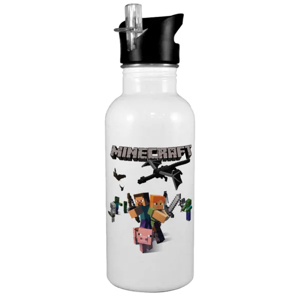 Minecraft Alex — White water bottle with straw, stainless steel 600ml