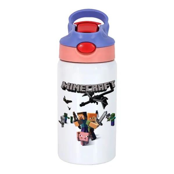 Minecraft Alex — Children's hot water bottle, stainless steel, with safety straw, pink/purple (350ml)