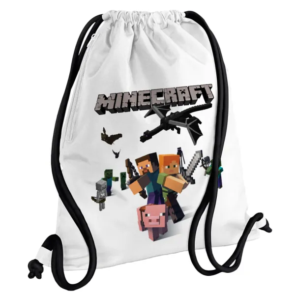 Minecraft Alex — Τσάντα πλάτης πουγκί GYMBAG λευκή, με τσέπη (40x48cm) & χονδρά κορδόνια
