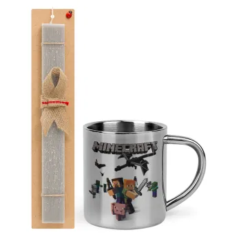 Minecraft Alex, Easter Set, metallic thermal cup (300ml) & Easter aromatic flat candle (30cm) (GRAY)