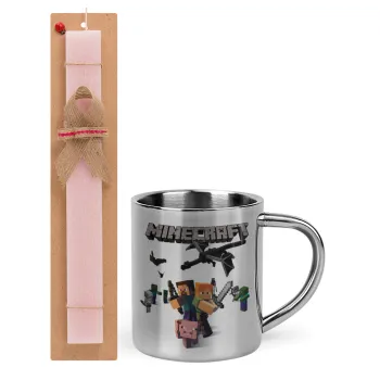 Minecraft Alex, Easter Set, metallic thermal cup (300ml) & aromatic flat Easter candle (30cm) (PINK)