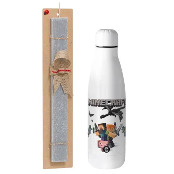 Minecraft Alex, Easter Set, metallic stainless thermos bottle (500ml) & scented flat Easter candle (30cm) (GRAY)