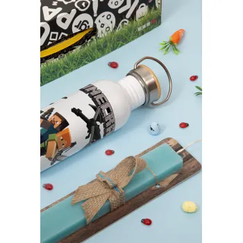 Minecraft Alex, Easter Set, metallic silver aluminum water bottle (500ml) & scented flat Easter candle (30cm) (TURQUOISE)