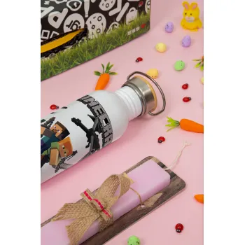 Minecraft Alex, Easter Set, SS Metallic water bottle (620ml, stainless steel) & scented flat Easter candle (30cm) (PINK)