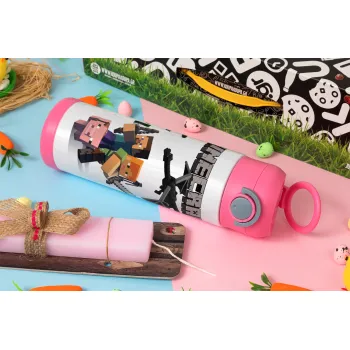 Minecraft Alex, Easter candle, Childrens hot water bottle, stainless steel, with safety straw, PINK (500ml)