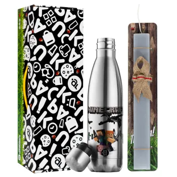 Minecraft Alex, Πασχαλινή Λαμπάδα με μεταλλικό παγούρι θερμός ανοξείδωτο (500ml) & κερί αρωματικό πλακέ (30cm) (ΓΚΡΙ)