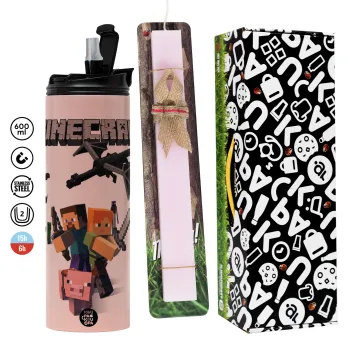 Minecraft Alex, Easter candle,Travel Tumbler 2 Lids, with metal straw & cleaning brush & aromatic flat candle (30cm) (PINK)
