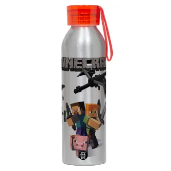 Minecraft Alex, Αλουμινένιο Αθλητικό Μπουκάλι 650ml – Ασημί με Κόκκινο Καπάκι και Λουράκι Σιλικόνης