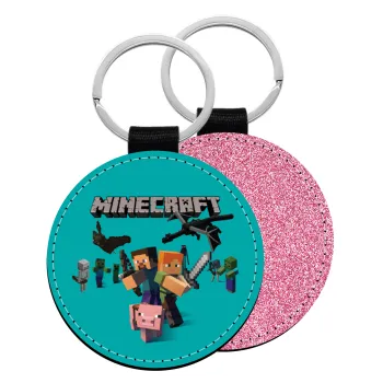 Minecraft Alex, Μπρελόκ Δερματίνη, στρογγυλό ΡΟΖ (5cm)