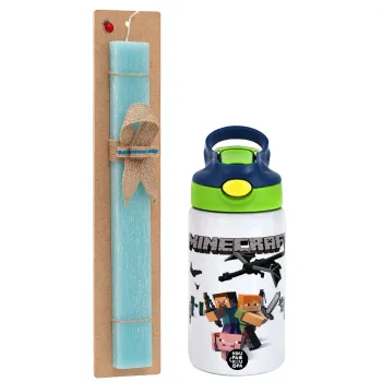 Minecraft Alex, Easter Set, Children's thermal stainless steel bottle with safety straw, green/blue (350ml) & aromatic flat Easter candle (30cm) (TURQUOISE)