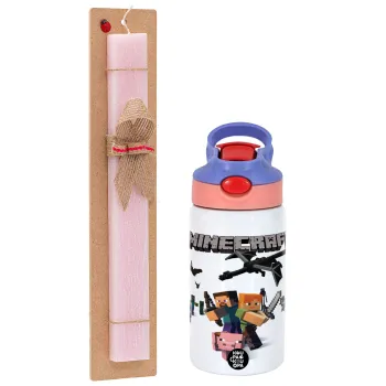 Minecraft Alex, Easter Set, Children's thermal stainless steel water bottle with safety straw, pink/purple (350ml) & Easter scented flat candle (30cm) (PINK)