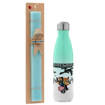 Minecraft Alex, Easter Set, Metallic green/white thermos (Stainless steel), double-walled, 500ml & scented flat Easter candle (30cm) (TURQUOISE)