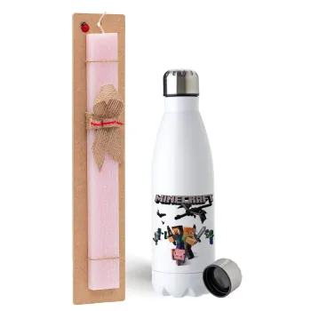 Minecraft Alex, Easter Set, metallic stainless steel water bottle (750ml) & scented flat Easter candle (30cm) (PINK)