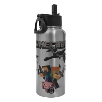 Minecraft Alex, Μεταλλικό παγούρι θερμός Silver με καλαμάκι και χερούλι (Stainless steel), διπλού τοιχώματος, 950ml