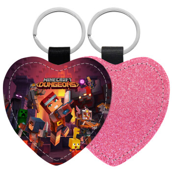 Minecraft Dungeons, Μπρελόκ PU δερμάτινο glitter καρδιά ΡΟΖ