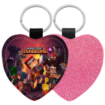 Minecraft Dungeons, Μπρελόκ PU δερμάτινο glitter καρδιά ΡΟΖ