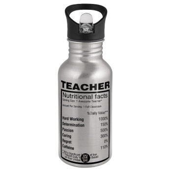 Τα συστατικά του δασκάλου, Παγούρι νερού Ασημένιο με καλαμάκι, ανοξείδωτο ατσάλι 500ml