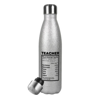 Τα συστατικά του δασκάλου, Μεταλλικό παγούρι θερμός Glitter Aσημένιο (Stainless steel), διπλού τοιχώματος, 500ml