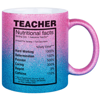 teacher nutritional facts, Κούπα Χρυσή/Μπλε Glitter, κεραμική, 330ml