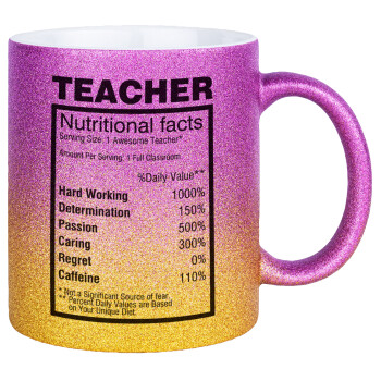 teacher nutritional facts, Κούπα Χρυσή/Ροζ Glitter, κεραμική, 330ml