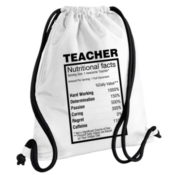 teacher nutritional facts, Backpack pouch GYMBAG white, with pocket (40x48cm) & thick cords