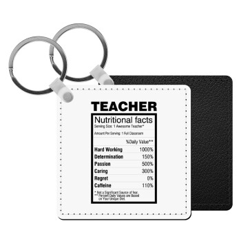 teacher nutritional facts, Μπρελόκ Δερματίνη, τετράγωνο ΜΑΥΡΟ (5x5cm)
