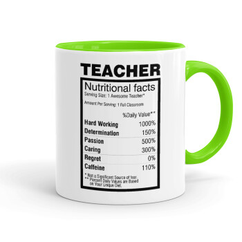 teacher nutritional facts, Mug colored light green, ceramic, 330ml