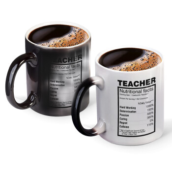 teacher nutritional facts, Color changing magic Mug, ceramic, 330ml when adding hot liquid inside, the black colour desappears (1 pcs)