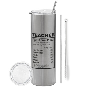 Τα συστατικά του δασκάλου, Eco friendly ποτήρι θερμό Ασημένιο (tumbler) από ανοξείδωτο ατσάλι 600ml, με μεταλλικό καλαμάκι & βούρτσα καθαρισμού