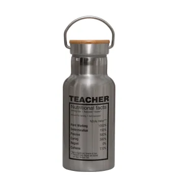 teacher nutritional facts, Stainless steel metallic thermos flask, silver with a bamboo lid, double-walled, 350ml.