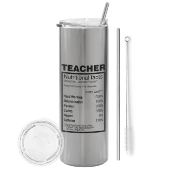 teacher nutritional facts, Tumbler stainless steel Silver 600ml, with metal straw & cleaning brush